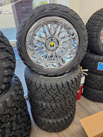 15″ Empire Keng Chrome Wheels Golf Cart Wheels on 15x23" GTW Maverick Hybrid Tires (Set of 4)