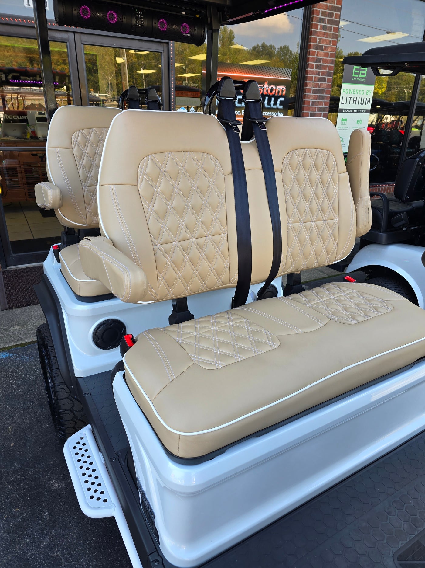 Evolution D5 Golf Cart Custom Double Diamond Stich Seat Covers Beige & White Pipe