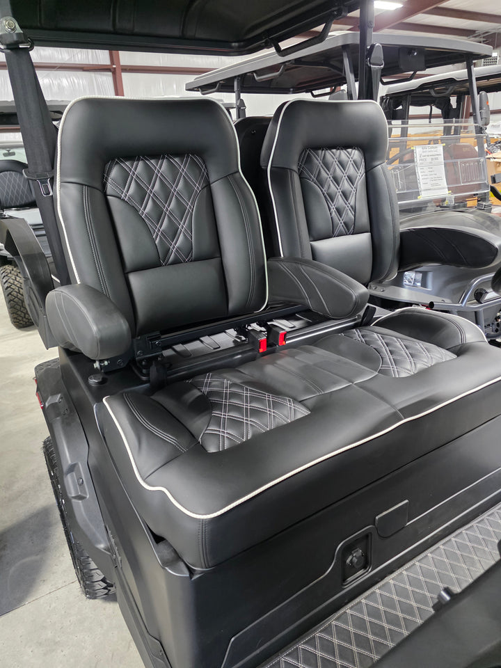 Denago Golf Cart Premium Double Diamond Stich Seats with Flip Down Armrest Black with White Stiching and Piping