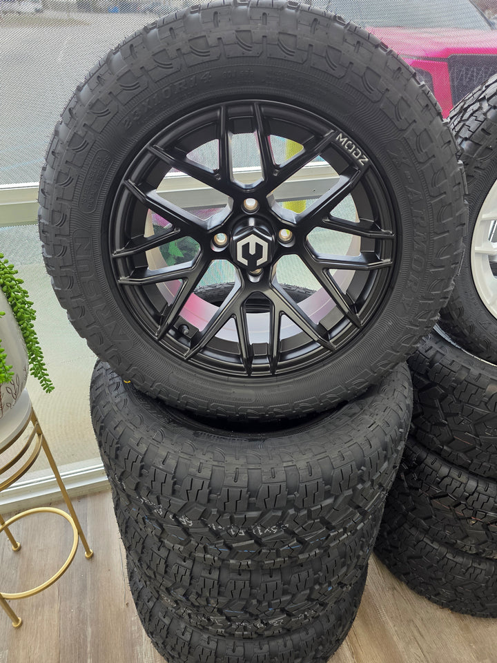 MODZ Matrix Matte Black 14″ Golf Cart Wheels on 14x23" Arisun X-Armory Hybrid Tires (Set of 4)