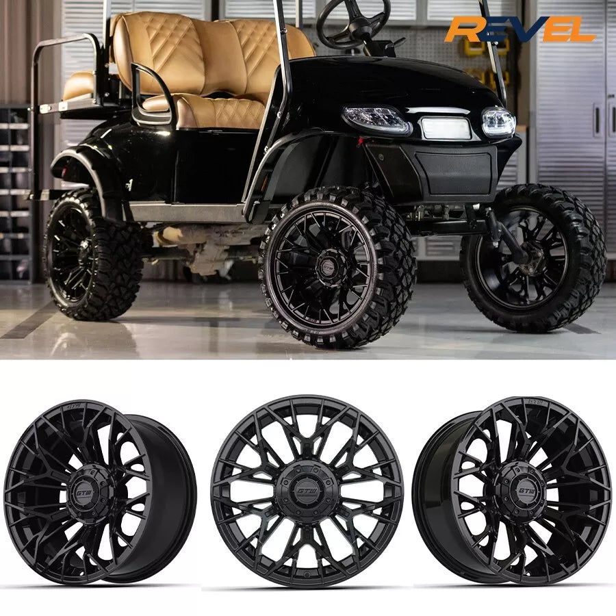 14″ GTW® Stellar Matte Black Wheels Golf Cart 14" Wheels on 14x23" Nomad All Terrain Tires (Set of 4) optional Lugs