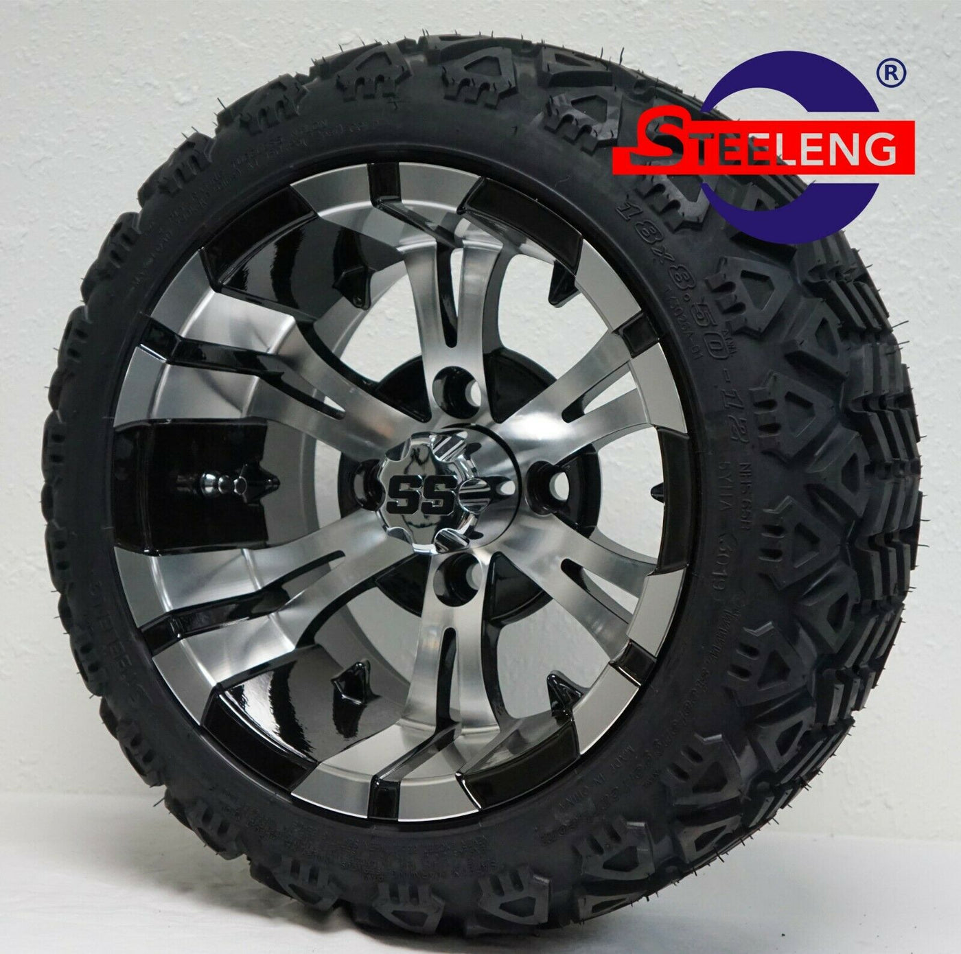 12" VAMPIRE Machined / BLACK GOLF CART WHEELS and 12x7-18 ALL TERRAIN TIRES (SET OF 4) WITH LUGS