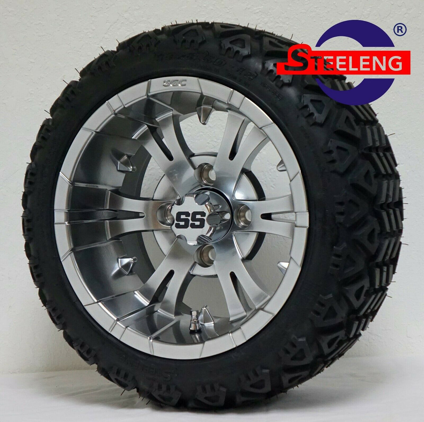 12" VAMPIRE MAGNETIC GOLF CART WHEELS and 12x7-18 ALL TERRAIN TIRES (SET OF 4) WITH LUGS