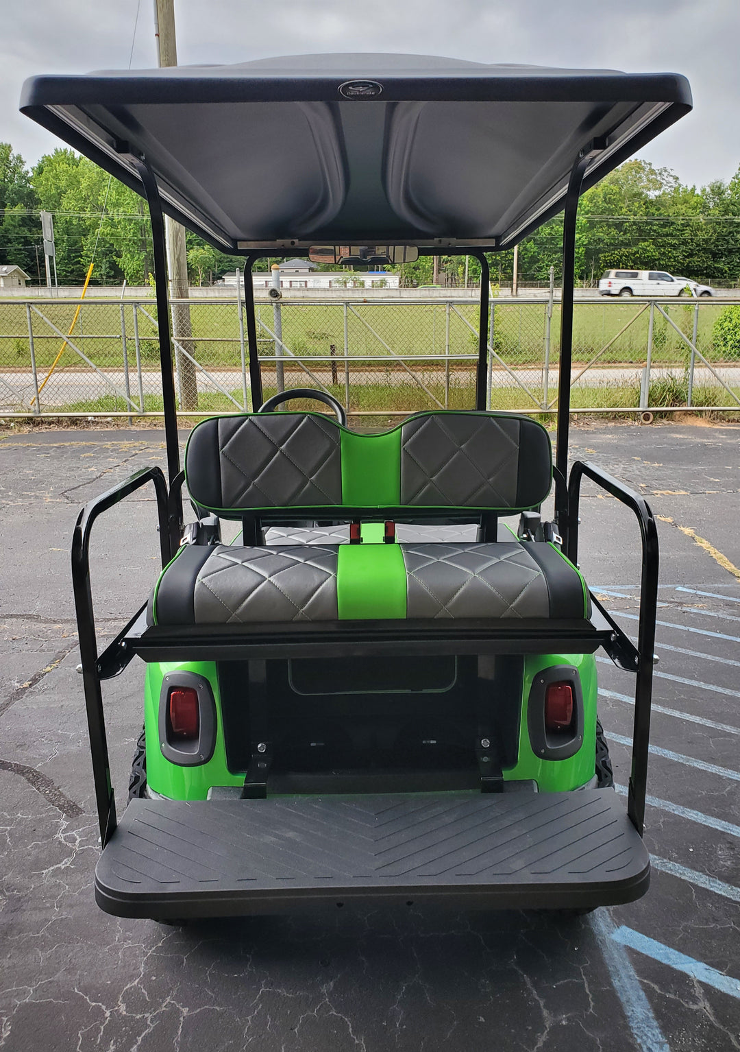 Custom Diamond Stich Charcoal Grey &amp; Black Carbon w/ Green Stipe &amp; Pipe Ez-Go (Ezgo) Txt/Rxv or Club Car DS 2000-2013 Cart Front Rear Seat Covers