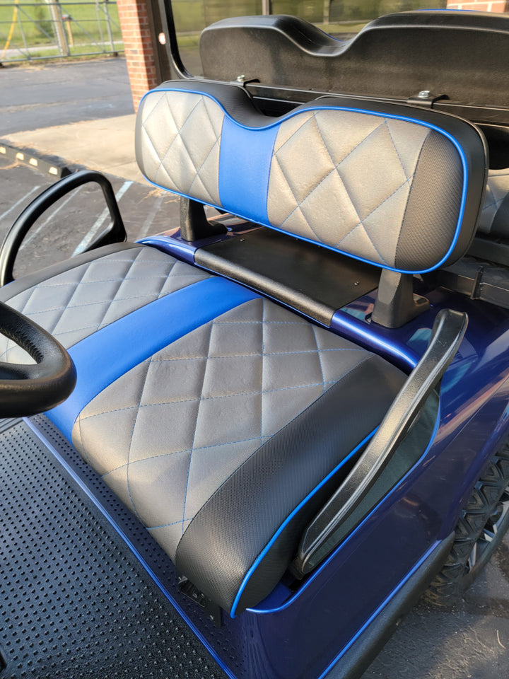 Custom Diamond Stich Charcoal Grey &amp; Black Carbon w/ Blue Stripe &amp; Pipe Ez-Go (Ezgo) Txt/Rxv(1996-current) or Club Car DS 2000-2013 Cart Front Rear Seat Covers