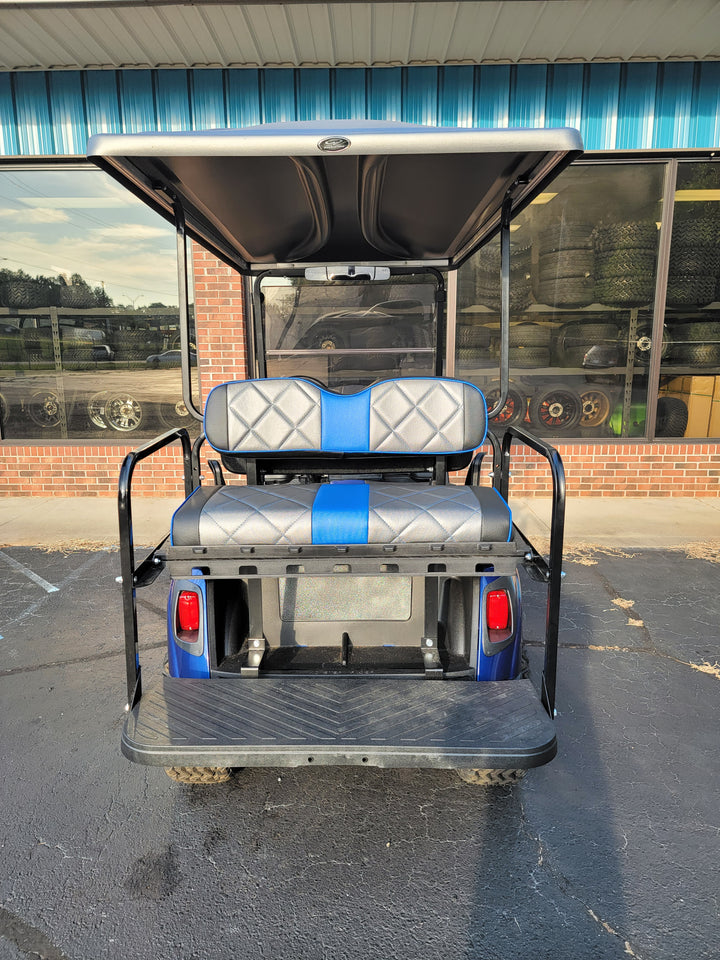 Custom Diamond Stich Charcoal Grey &amp; Black Carbon w/ Blue Stripe &amp; Pipe Ez-Go (Ezgo) Txt/Rxv(1996-current) or Club Car DS 2000-2013 Cart Front Rear Seat Covers
