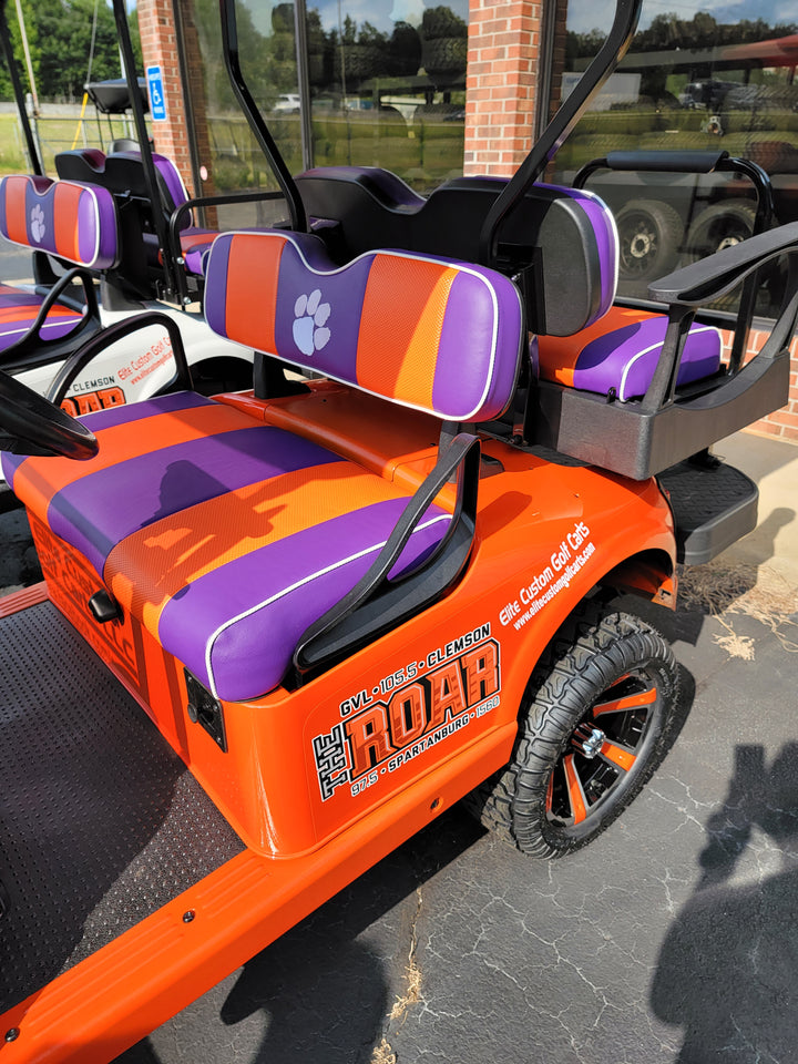 Custom Orange &amp; Purple Tiger Paw Ez-Go (Ezgo) Txt/Rxv or Club Car DS 2000-2013 Cart Front Rear Seat Covers