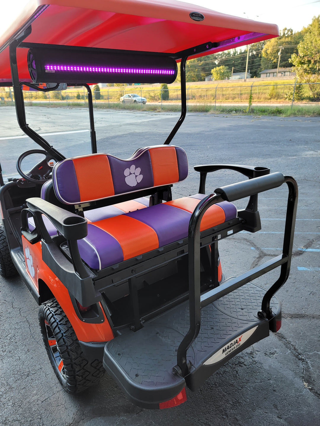 Custom Orange &amp; Purple Tiger Paw Ez-Go (Ezgo) Txt/Rxv or Club Car DS 2000-2013 Cart Front Rear Seat Covers