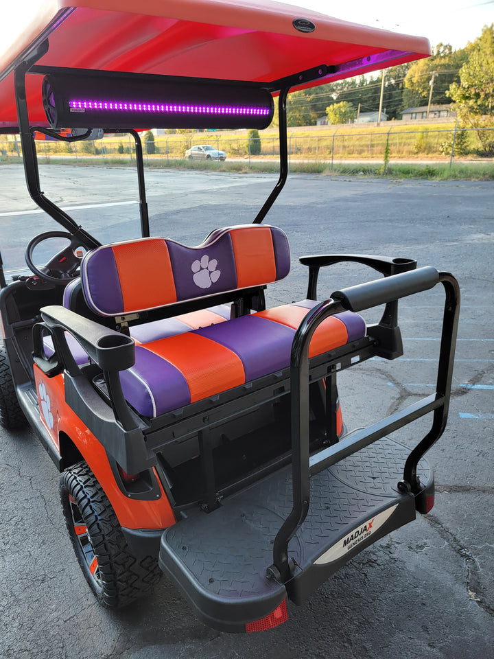 Custom Orange &amp; Purple Tiger Paw Ez-Go (Ezgo) Txt/Rxv or Club Car DS 2000-2013 Cart Front Rear Seat Covers