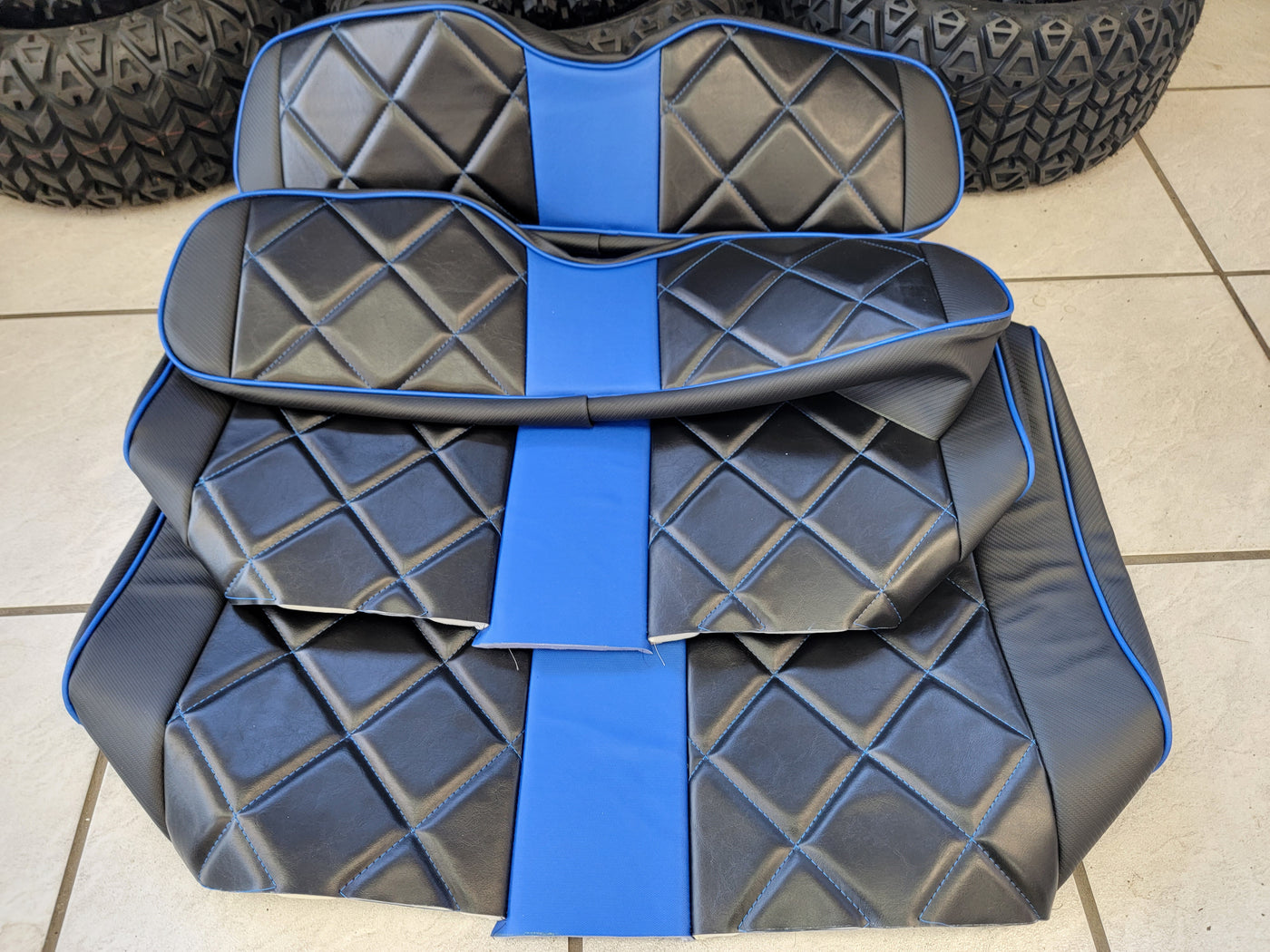 Custom Diamond Stich Black & Blue Ez-Go (Ezgo) Txt/Rxv or Club Car DS 2000-2013 Cart Front Rear Seat Covers