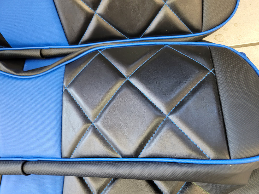 Custom Diamond Stich Black &amp; Blue Ez-Go (Ezgo) Txt/Rxv or Club Car DS 2000-2013 Cart Front Rear Seat Covers