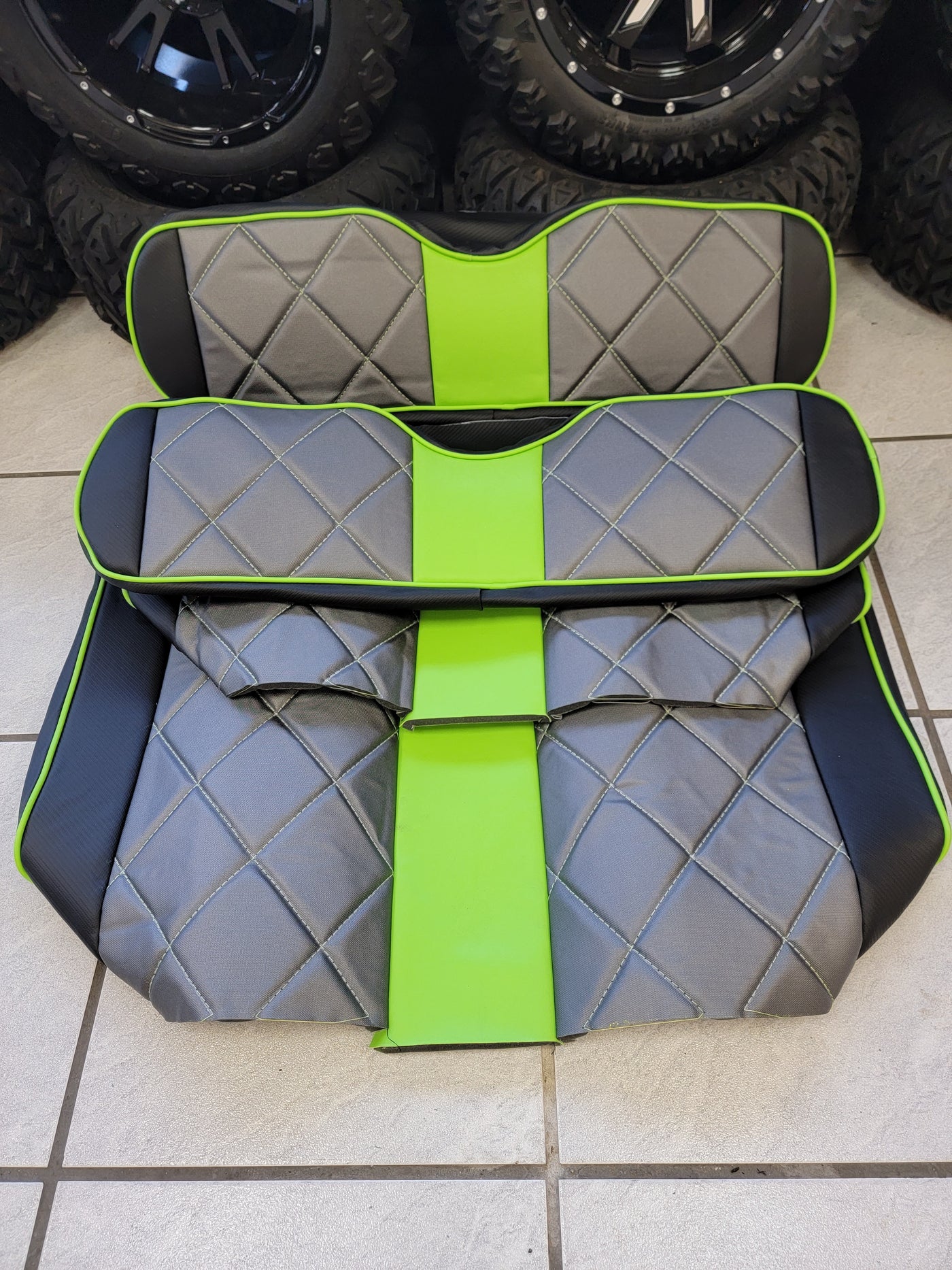 Custom Diamond Stich Black, Charcoal & Neon Green Ez-Go (Ezgo) Txt/Rxv or Club Car DS 2000-2013 Cart Front Rear Seat Covers