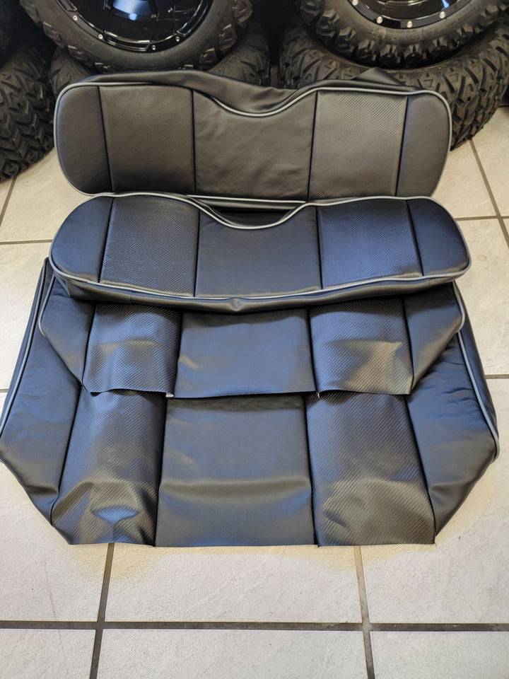 Custom Black Carbon and Black Seat Covers Ez-Go (Ezgo) Txt/Rxv 1996-Current) or Club Car DS (2000-2013) Includes Both Front Rear Seat Covers