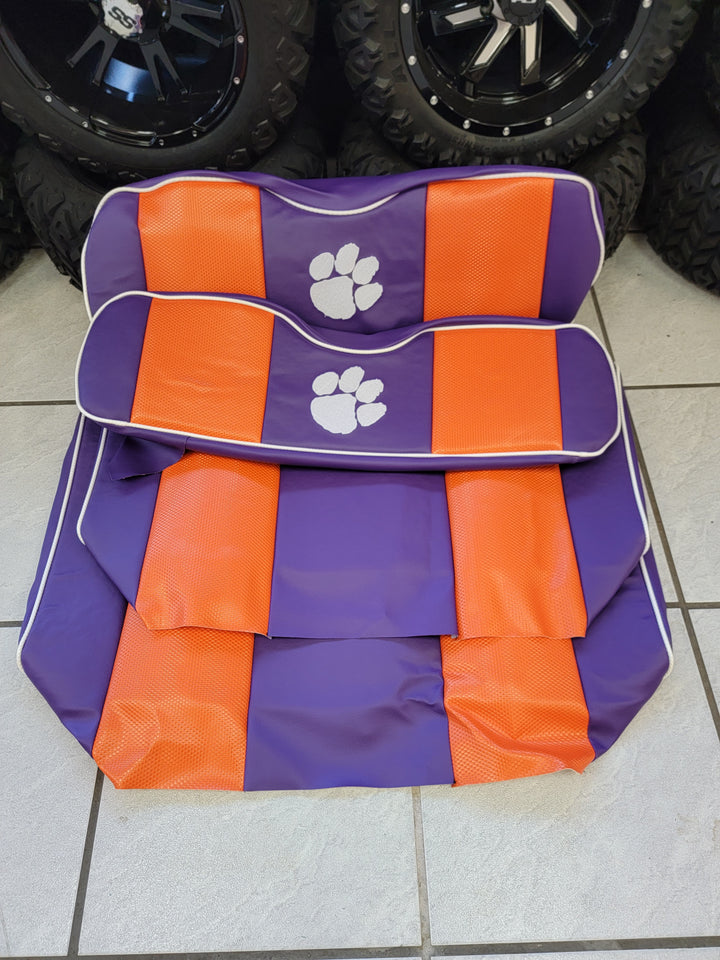 Custom Orange &amp; Purple Tiger Paw Ez-Go (Ezgo) Txt/Rxv or Club Car DS 2000-2013 Cart Front Rear Seat Covers