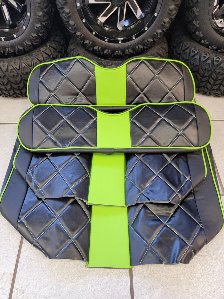 Custom Diamond Stich Black &amp; Neon Green Ez-Go (Ezgo) Txt/Rxv or Club Car DS 2000-2013 Cart Front Rear Seat Covers