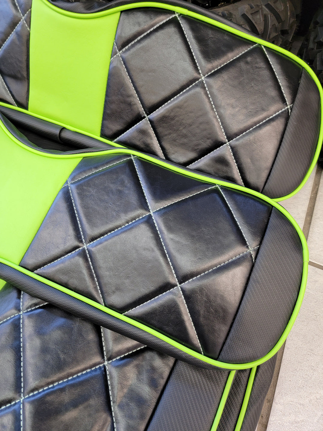 Custom Diamond Stich Black &amp; Neon Green Ez-Go (Ezgo) Txt/Rxv or Club Car DS 2000-2013 Cart Front Rear Seat Covers