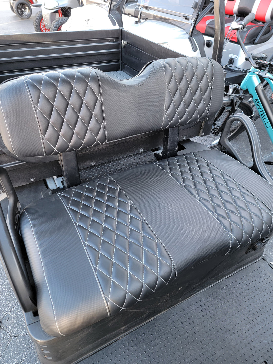 Custom Diamond Stich Black Carbon and Black Seat Covers Ez-Go (Ezgo) Txt/Rxv 1996-Current) or Club Car DS (2000-2013) Includes Both Front Rear Seat Covers
