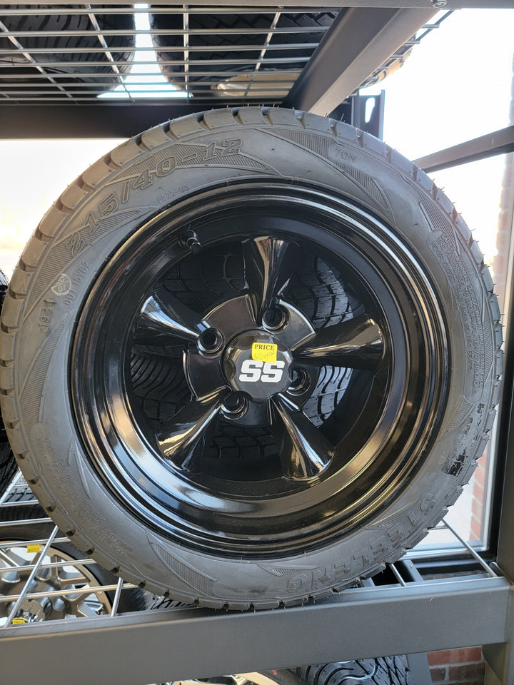 12" GODFATHER BLACK GOLF CART WHEELS on LOW PROFILE TIRES (SET OF 4) W/ Lugs