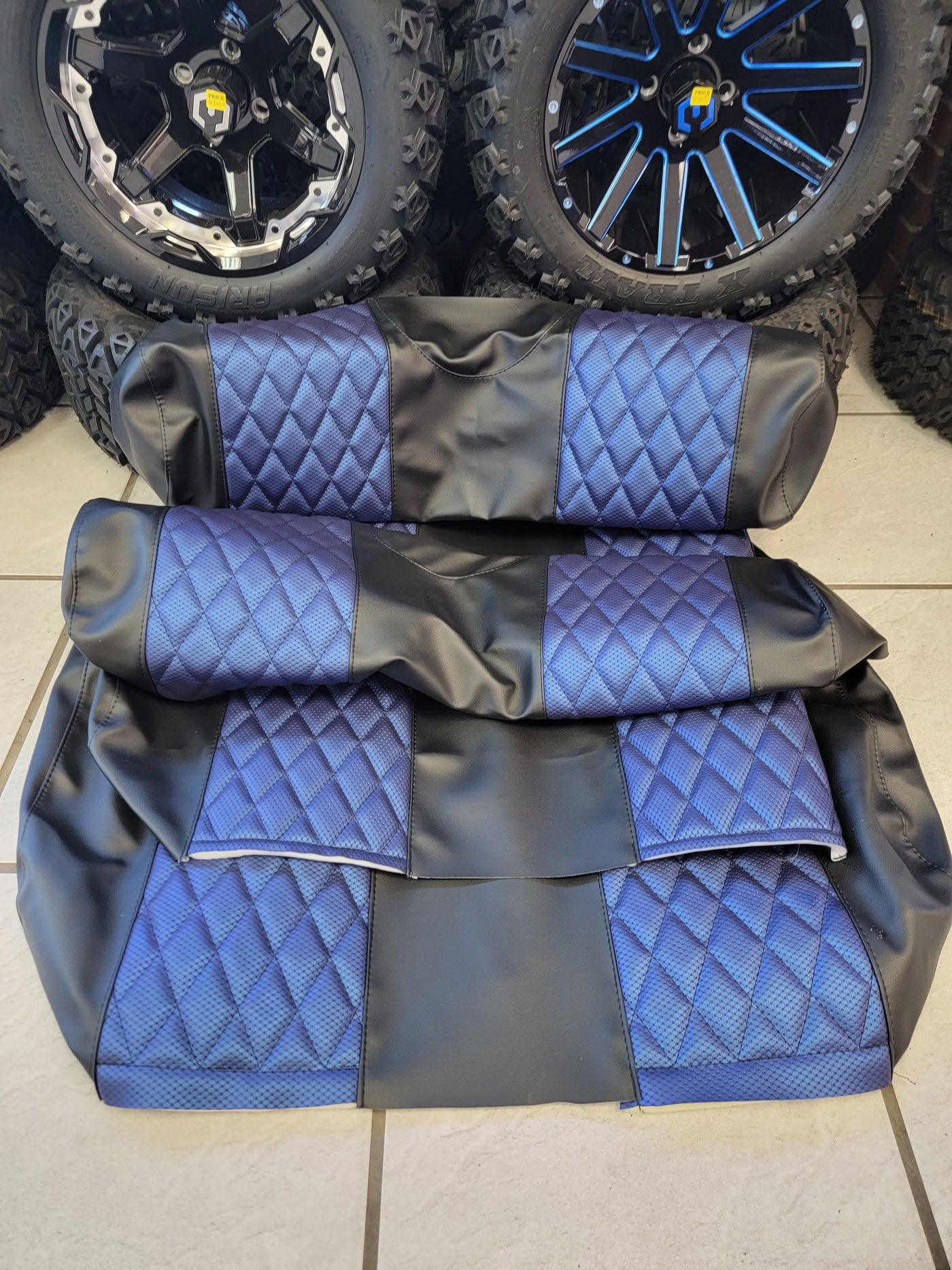 Custom Diamond Stich Black & Blue Seat Covers Ez-Go (Ezgo) Txt/Rxv 1996-Current) or Club Car DS (2000-2013) Includes Both Front Rear Seat Covers