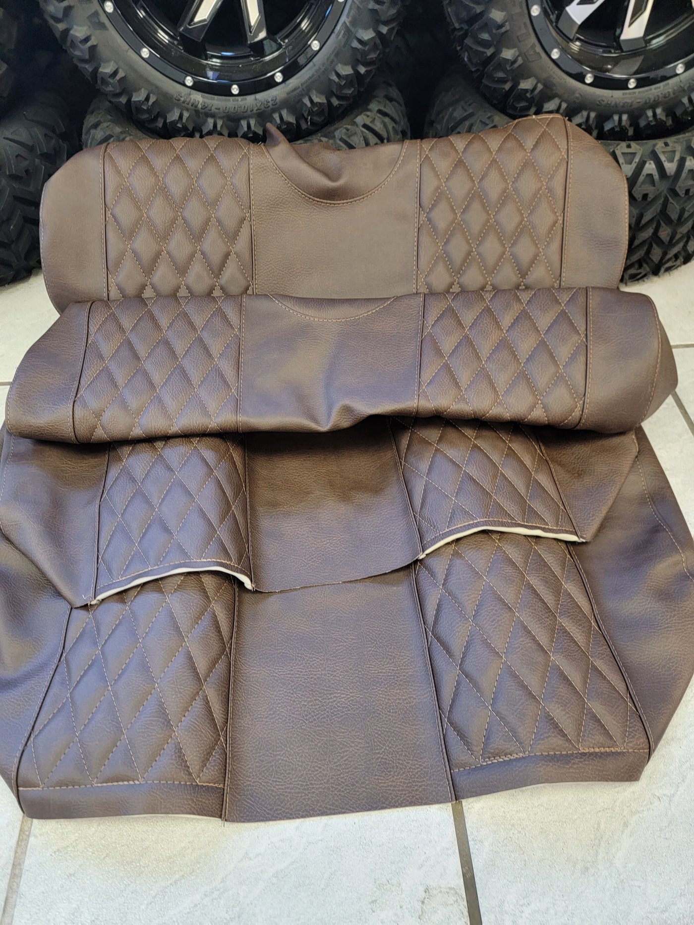 Custom Diamond Stich Brown Seat Covers Ez-Go (Ezgo) Txt/Rxv 1996-Current) or Club Car DS (2000-2013) Includes Both Front Rear Seat Covers
