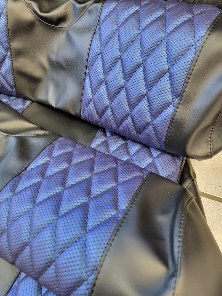 Custom Diamond Stich Black &amp; Blue Seat Covers Ez-Go (Ezgo) Txt/Rxv 1996-Current) or Club Car DS (2000-2013) Includes Both Front Rear Seat Covers
