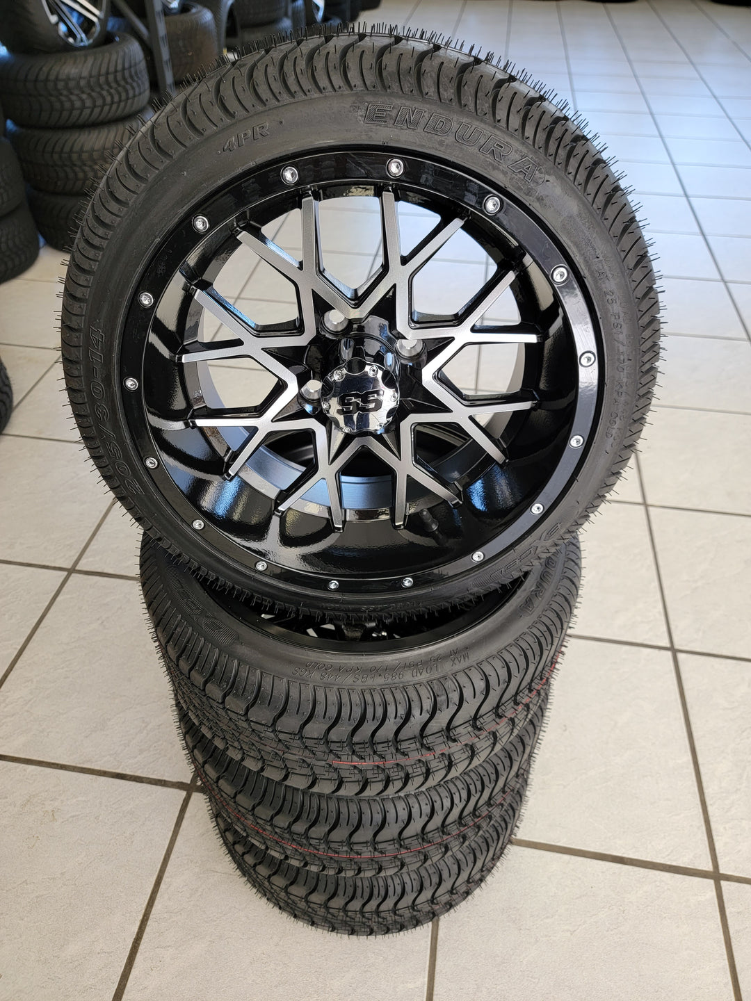 GOLF CART 14" VORTEX WHEELS ON 205/30-14 LOW PROFILE TIRES (SET OF 4) optional Lugs