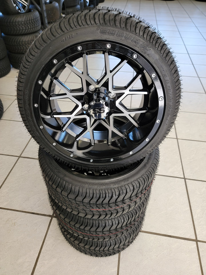 GOLF CART 14" VORTEX WHEELS ON 205/30-14 LOW PROFILE TIRES (SET OF 4) optional Lugs
