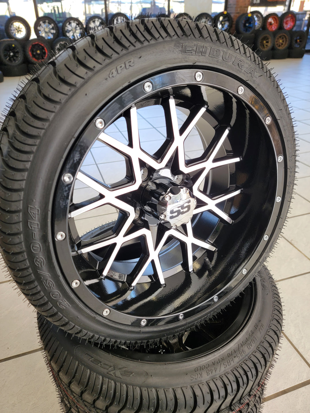 GOLF CART 14" VORTEX WHEELS ON 205/30-14 LOW PROFILE TIRES (SET OF 4) optional Lugs