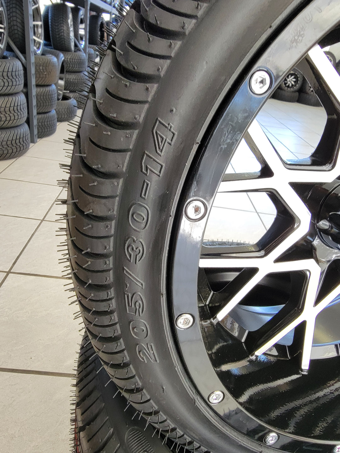 GOLF CART 14" VORTEX WHEELS ON 205/30-14 LOW PROFILE TIRES (SET OF 4) optional Lugs