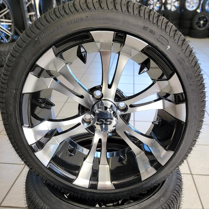 GOLF CART 14" VAMPIRE WHEELS ON 205/30-14 LOW PROFILE TIRES (SET OF 4) optional Lugs