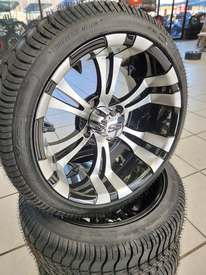 GOLF CART 14" VAMPIRE WHEELS ON 205/30-14 LOW PROFILE TIRES (SET OF 4) optional Lugs