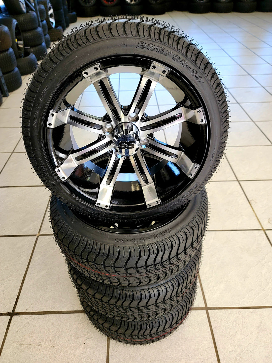 GOLF CART 14" TEMPEST WHEELS ON 205/30-14 LOW PROFILE TIRES (SET OF 4) optional Lugs