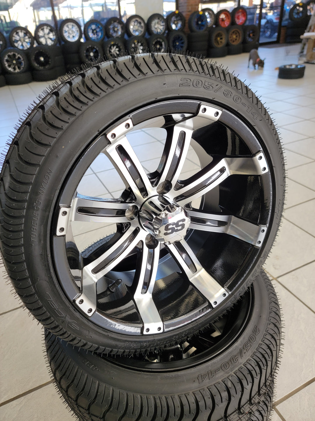 GOLF CART 14" TEMPEST WHEELS ON 205/30-14 LOW PROFILE TIRES (SET OF 4) optional Lugs