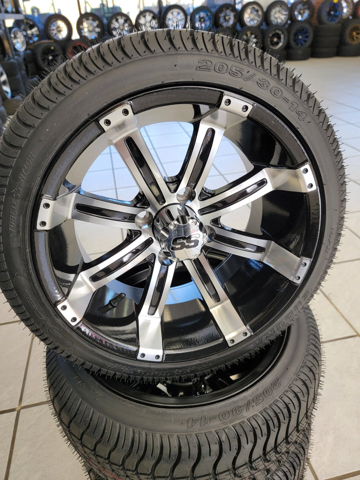 GOLF CART 14" TEMPEST WHEELS ON 205/30-14 LOW PROFILE TIRES (SET OF 4) optional Lugs