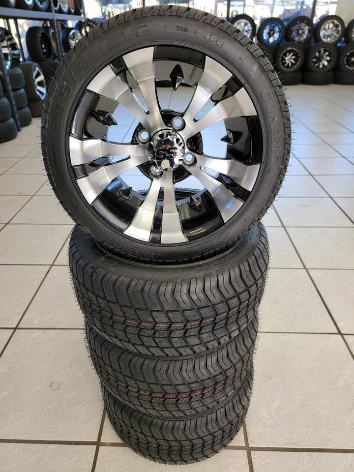 GOLF CART 12" VAMPIRE WHEELS ON l LOW PROFILE TIRES (SET OF 4) optional Lugs
