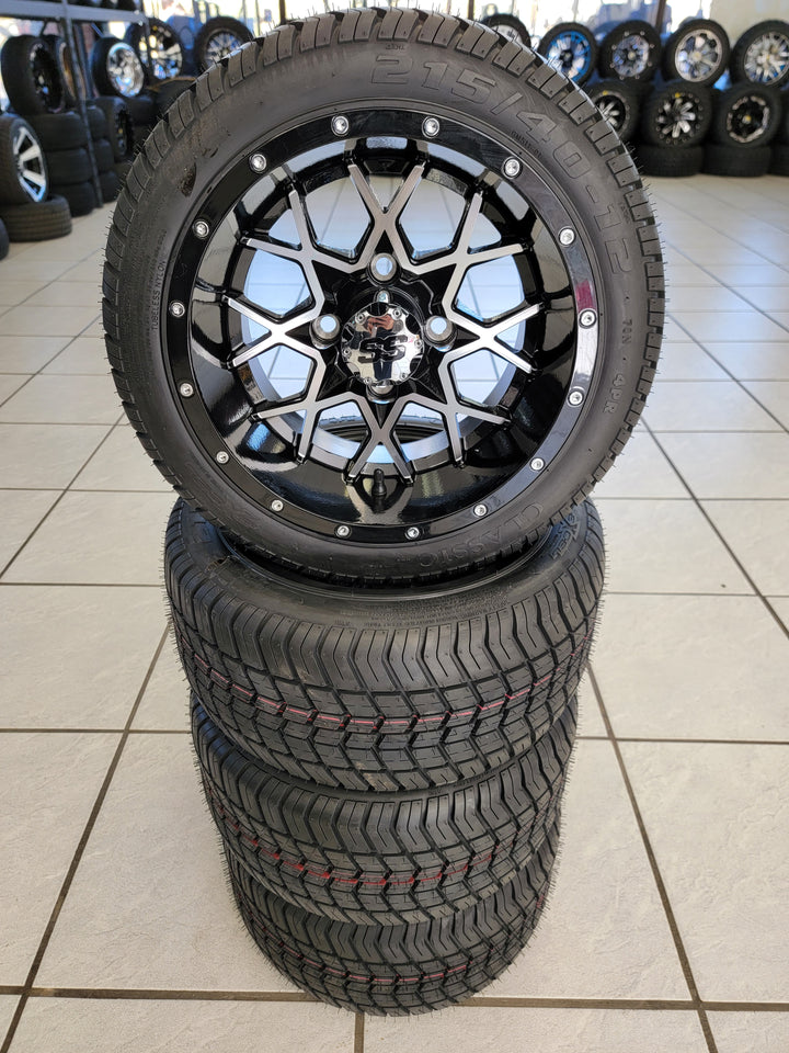GOLF CART 12" VORTEX WHEELS ON l LOW PROFILE TIRES (SET OF 4) optional Lugs