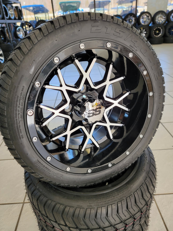 GOLF CART 12" VORTEX WHEELS ON l LOW PROFILE TIRES (SET OF 4) optional Lugs