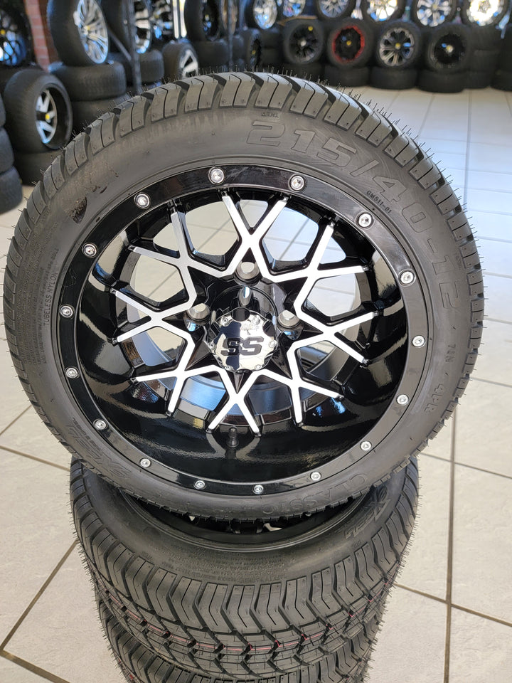 GOLF CART 12" VORTEX WHEELS ON l LOW PROFILE TIRES (SET OF 4) optional Lugs