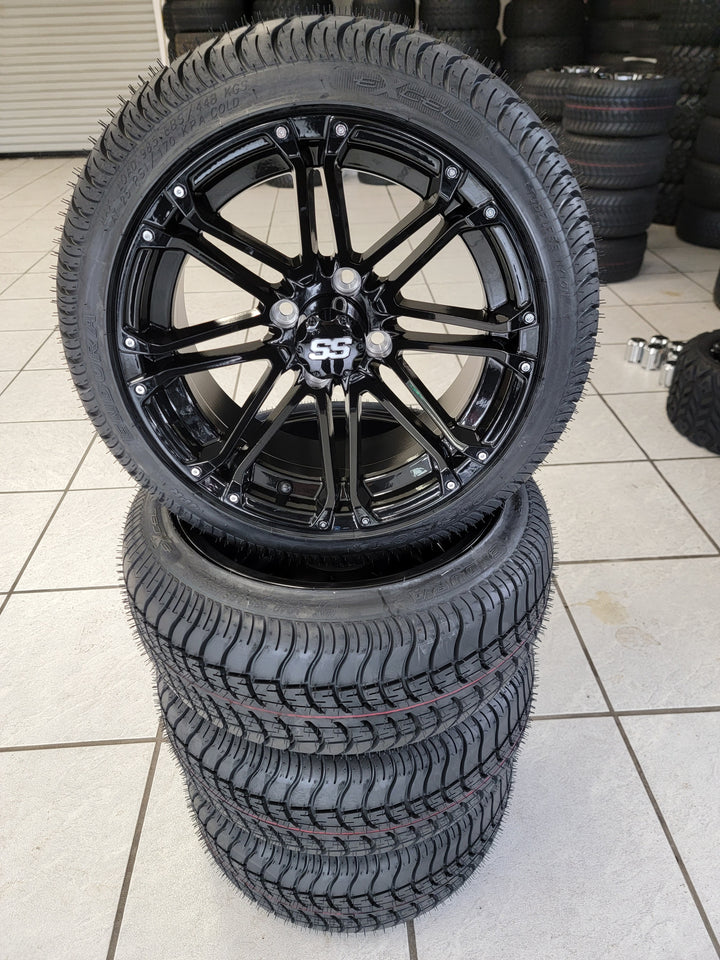 GOLF CART 14" LANCER GLOSS BLACK WHEELS ON 205/30-14 LOW PROFILE TIRES (SET OF 4) optional Lugs