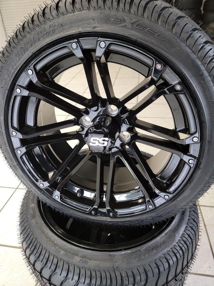 GOLF CART 14" LANCER GLOSS BLACK WHEELS ON 205/30-14 LOW PROFILE TIRES (SET OF 4) optional Lugs