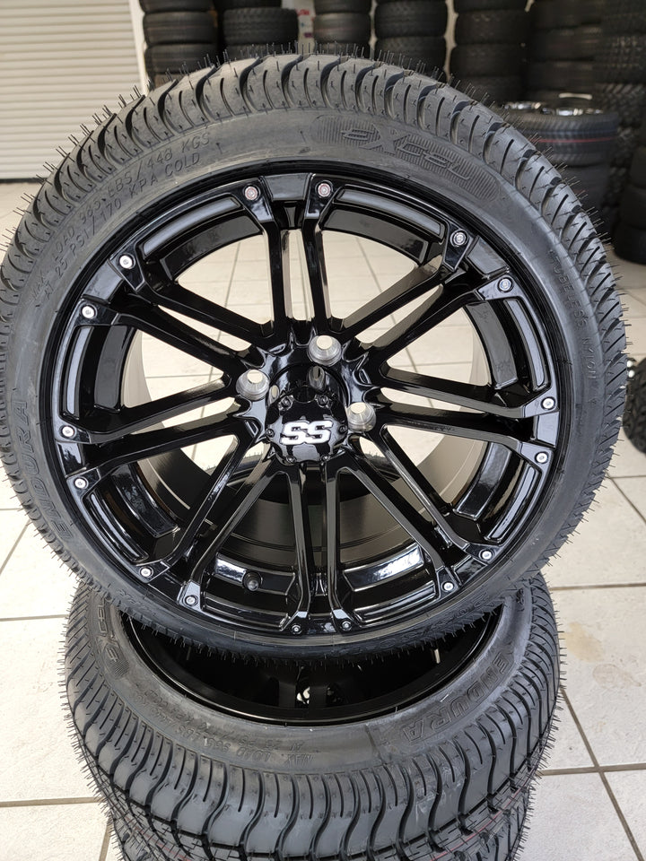 GOLF CART 14" LANCER GLOSS BLACK WHEELS ON 205/30-14 LOW PROFILE TIRES (SET OF 4) optional Lugs