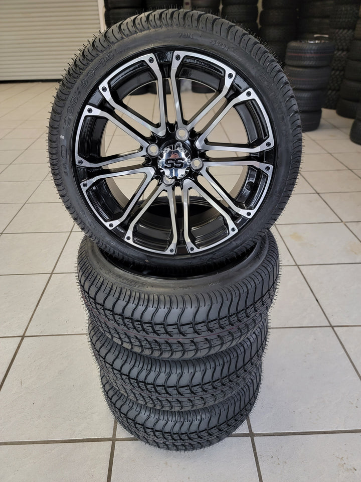 GOLF CART 14" LANCER WHEELS ON 205/30-14 LOW PROFILE TIRES (SET OF 4) optional Lugs