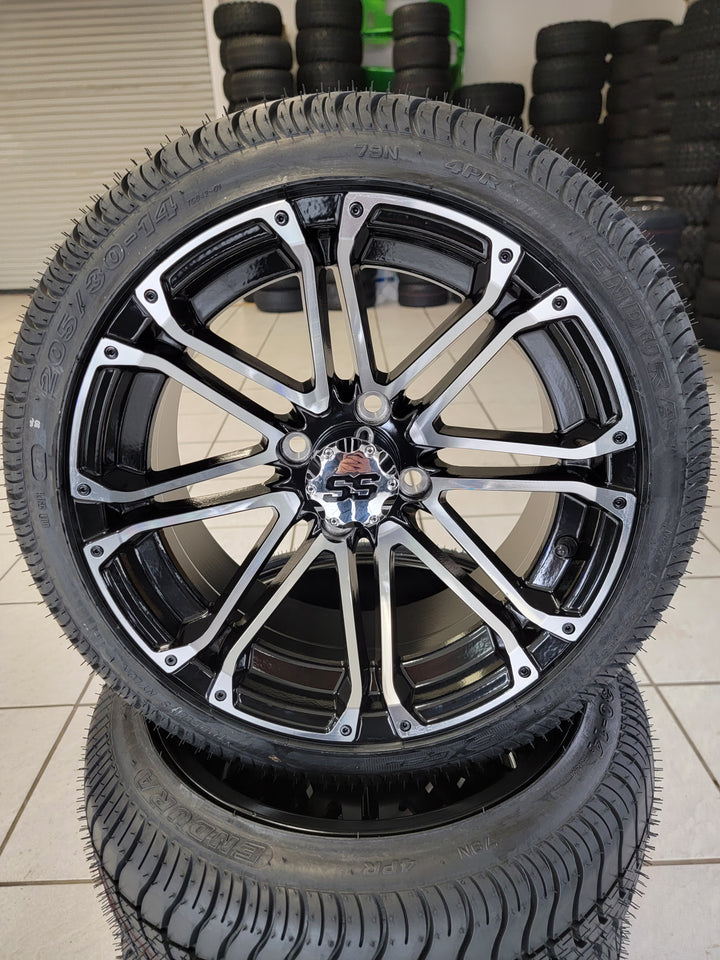 GOLF CART 14" LANCER WHEELS ON 205/30-14 LOW PROFILE TIRES (SET OF 4) optional Lugs