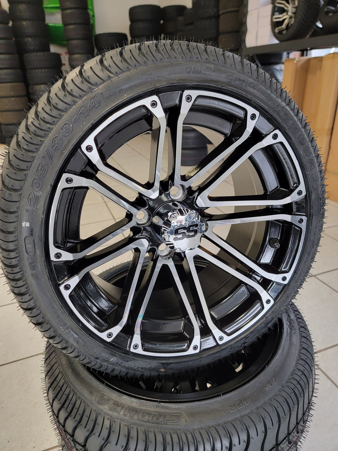GOLF CART 14" LANCER WHEELS ON 205/30-14 LOW PROFILE TIRES (SET OF 4) optional Lugs