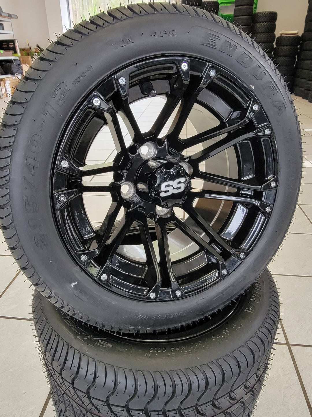 GOLF CART 12" GLOSS BLACK LANCER WHEELS ON l LOW PROFILE TIRES (SET OF 4) optional Lugs