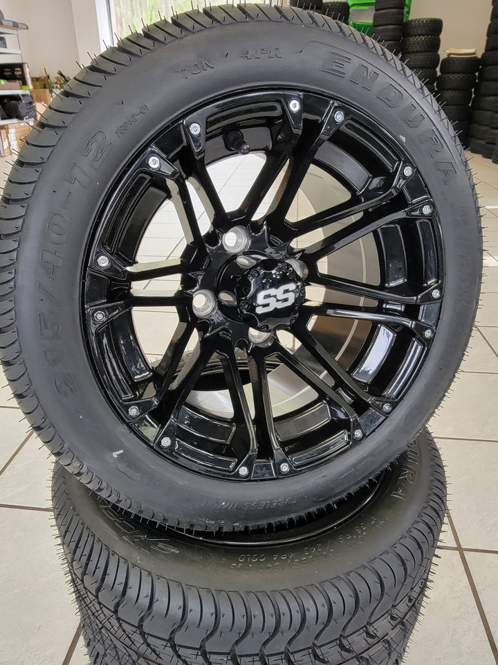 GOLF CART 12" GLOSS BLACK LANCER WHEELS ON l LOW PROFILE TIRES (SET OF 4) optional Lugs