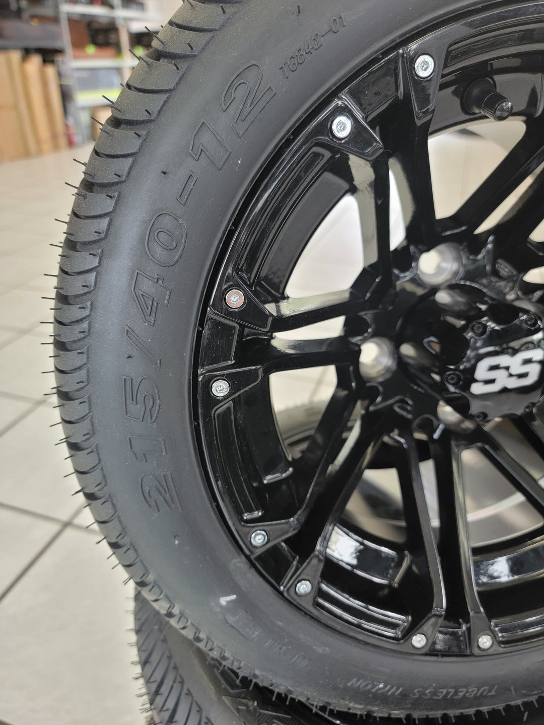 GOLF CART 12" GLOSS BLACK LANCER WHEELS ON l LOW PROFILE TIRES (SET OF 4) optional Lugs