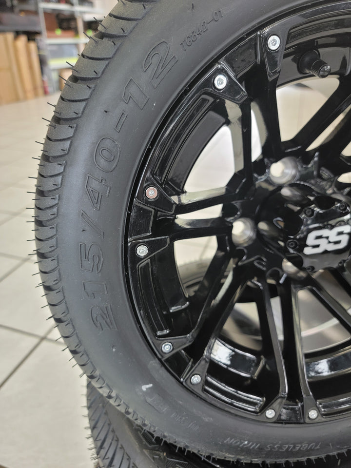 GOLF CART 12" GLOSS BLACK LANCER WHEELS ON l LOW PROFILE TIRES (SET OF 4) optional Lugs