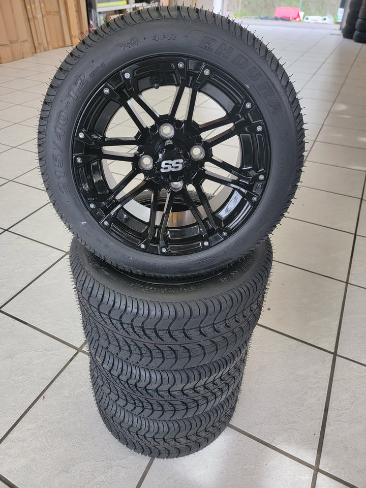 GOLF CART 12" GLOSS BLACK LANCER WHEELS ON l LOW PROFILE TIRES (SET OF 4) optional Lugs