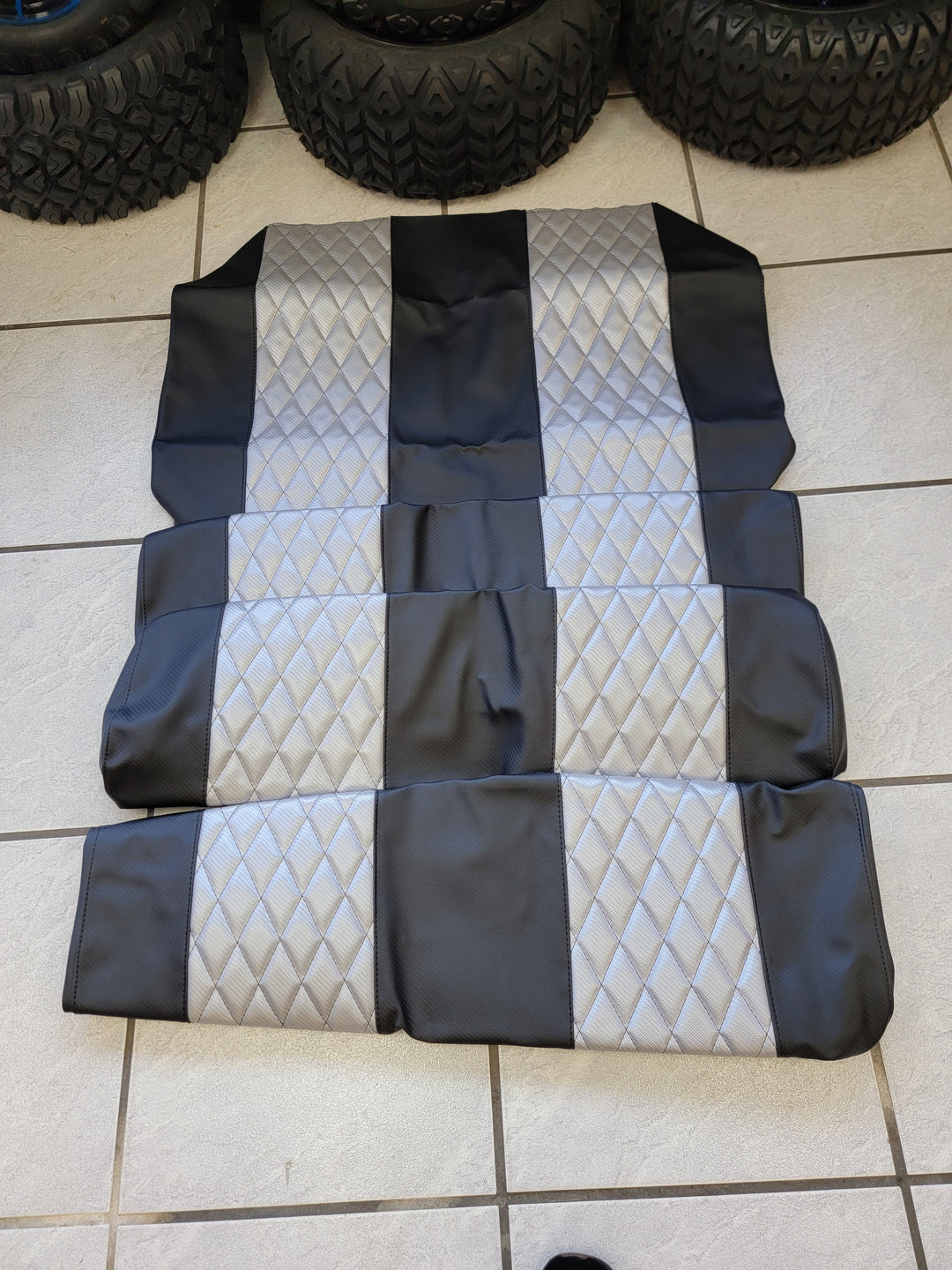 Evolution EV Golf Cart Custom Diamond Stich Seat Covers Black with Silver Diamond stich fits Evolutions Classic Pro &amp; Plus, Carrier &amp; Forester Models